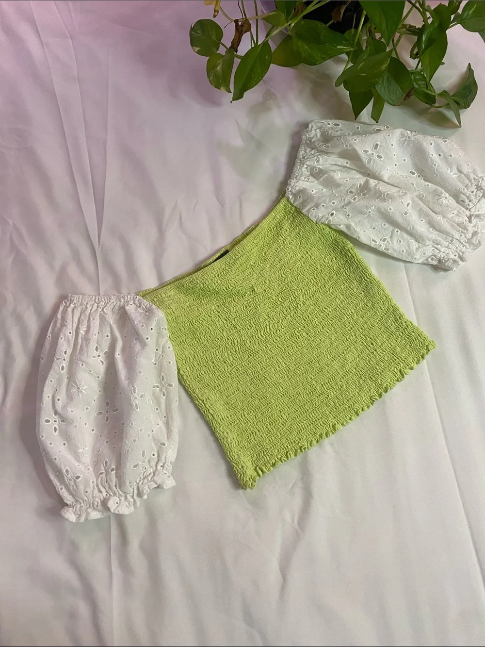 Smocked Lime Green Crop Top with White Puff Eyelet Sleeves - Picture 1 of 6